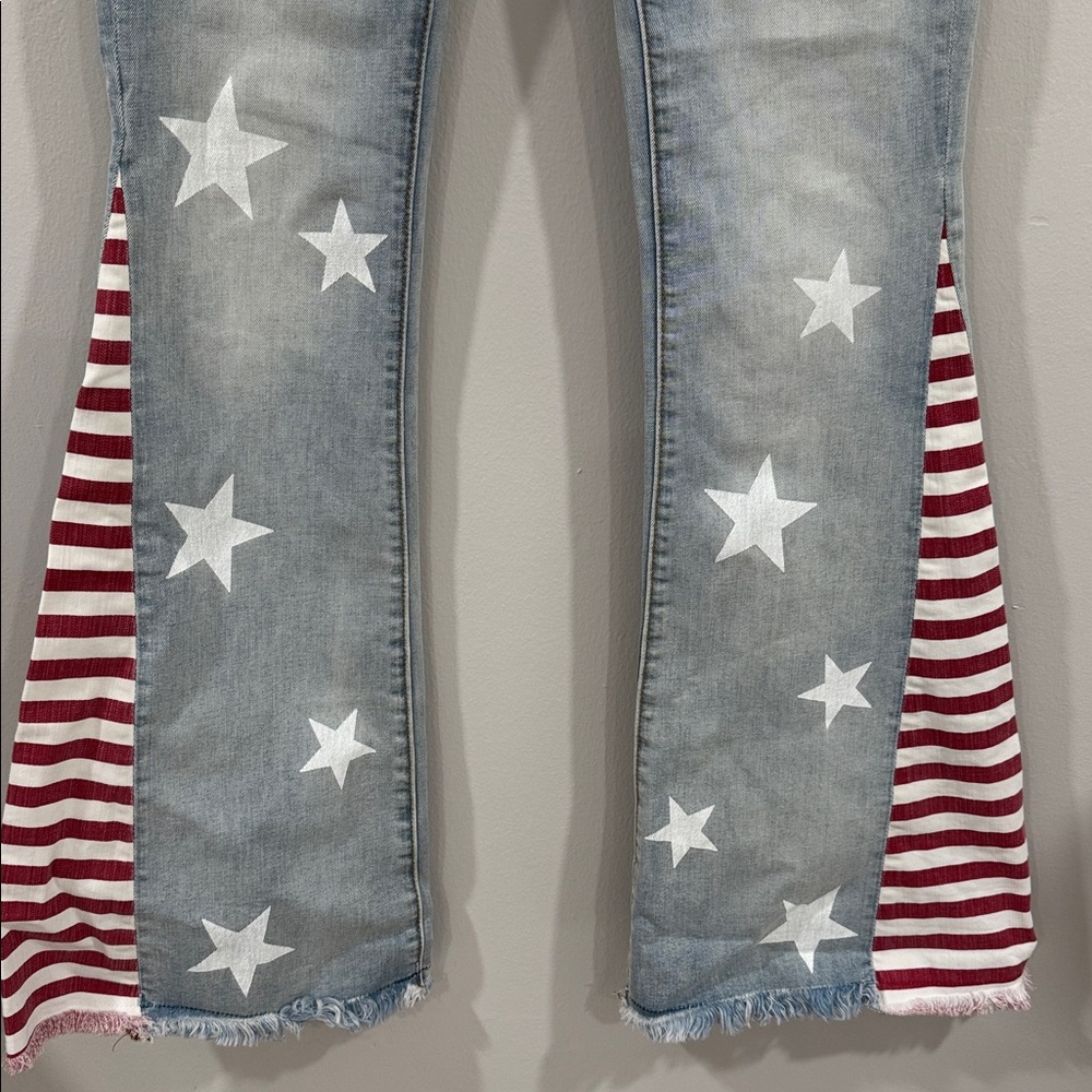 DRIFTWOOD Light Wash Star Print Flare Jeans with Red & White Stripe Inset - Picture 4 of 6